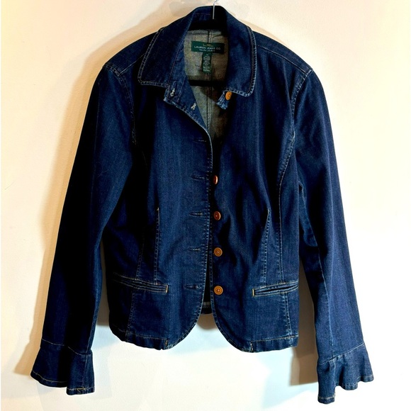 LAUREN RALPH LAUREN Sz 14 Denim Blazer Ruffle Wrist Brown Buttons Mid-Dark Wash - Picture 1 of 9